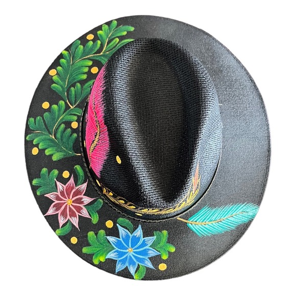 HAT MEXICAN Artisanal Hand Painted Fedora Floral Sombrero Panama Bohemian Black main image 6